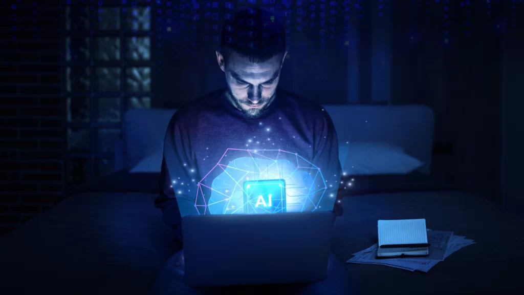 homem utilizando o computador com genAI